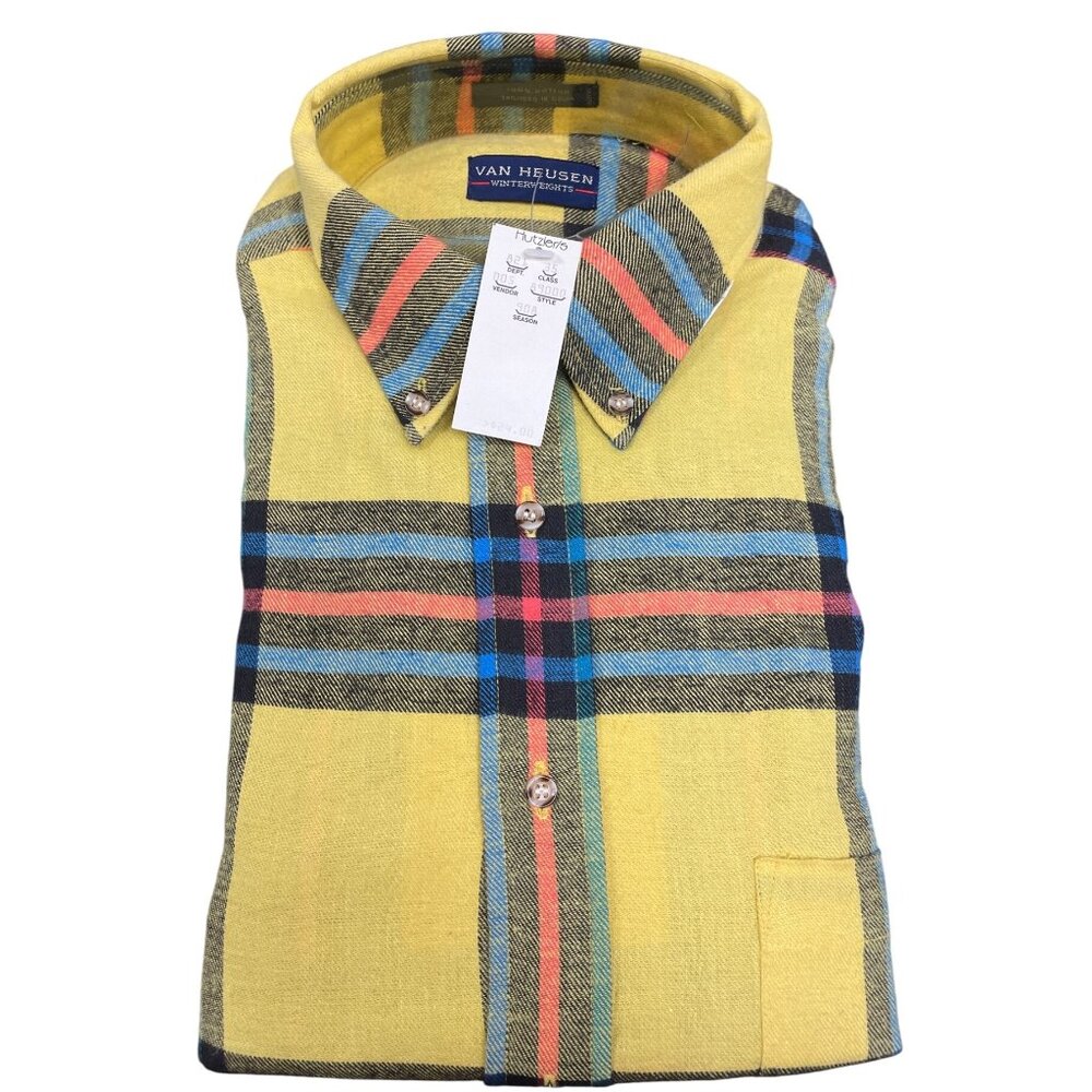 Vtg 90s Van Heusen Yellow Plaid Button-Down Long Sleeve Shirt Winterweights Sz M